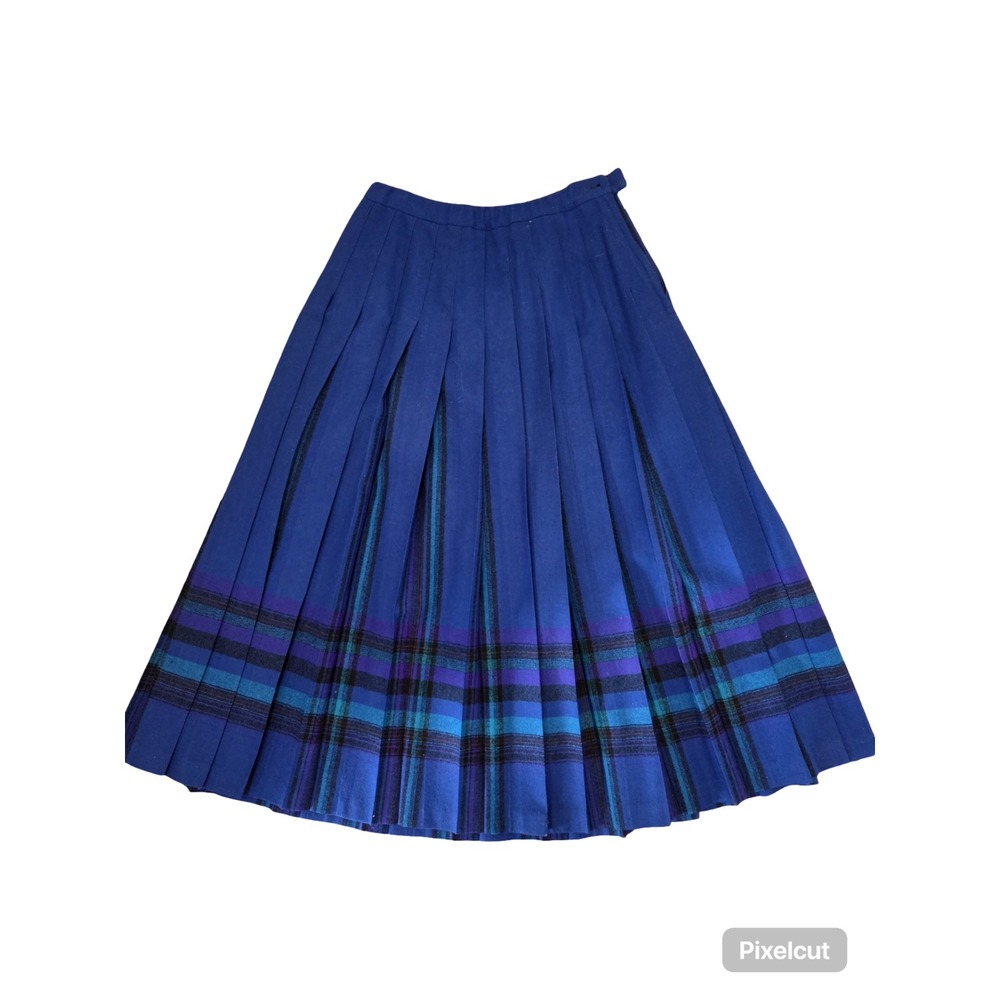 Vintage Pendleton Woolens Pure Wool Tartan Plaid Pleated Midi Skirt Blue Sze 6
